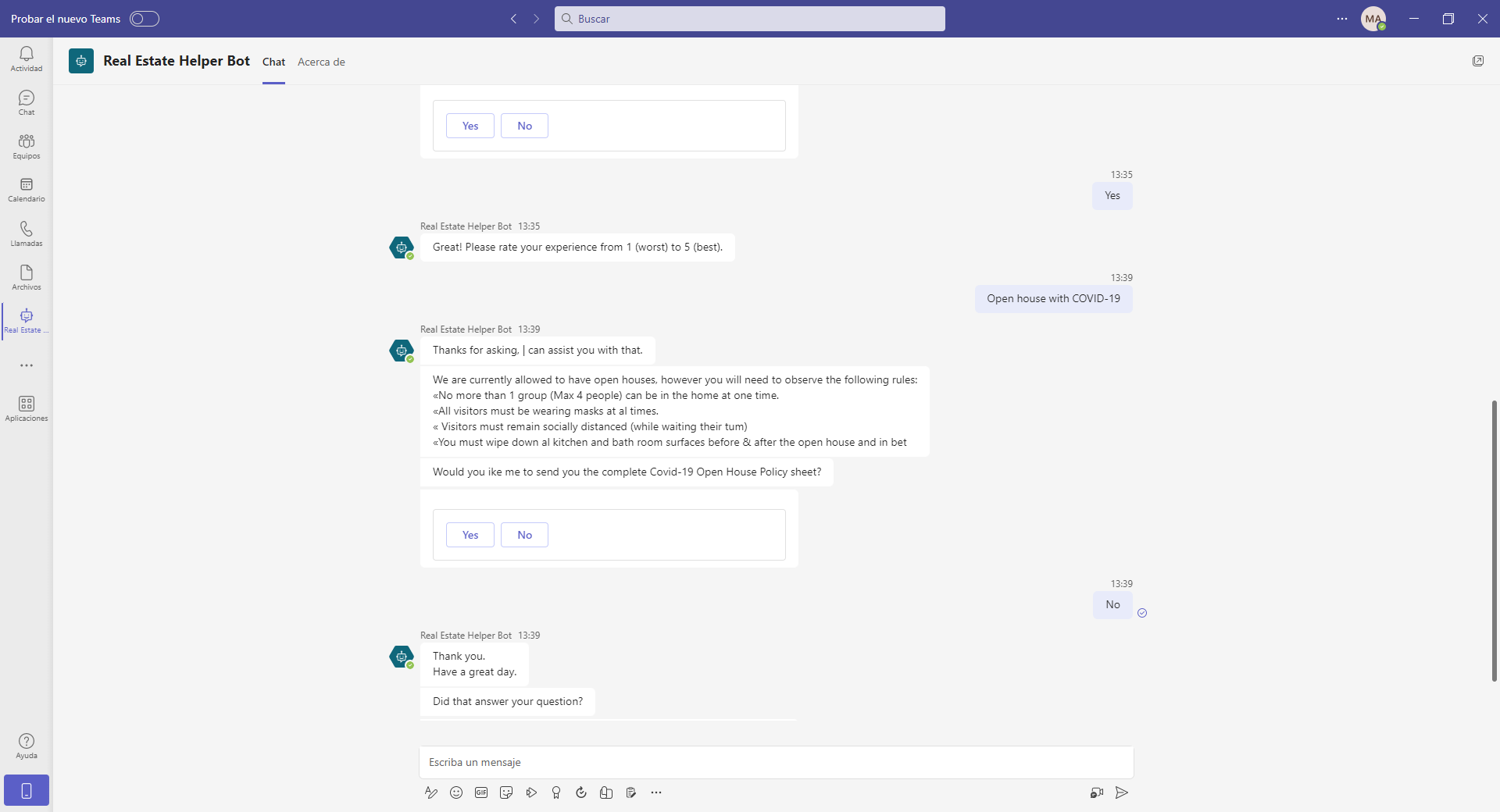 Captura de pantalla del bot de chat dentro de Microsoft Teams