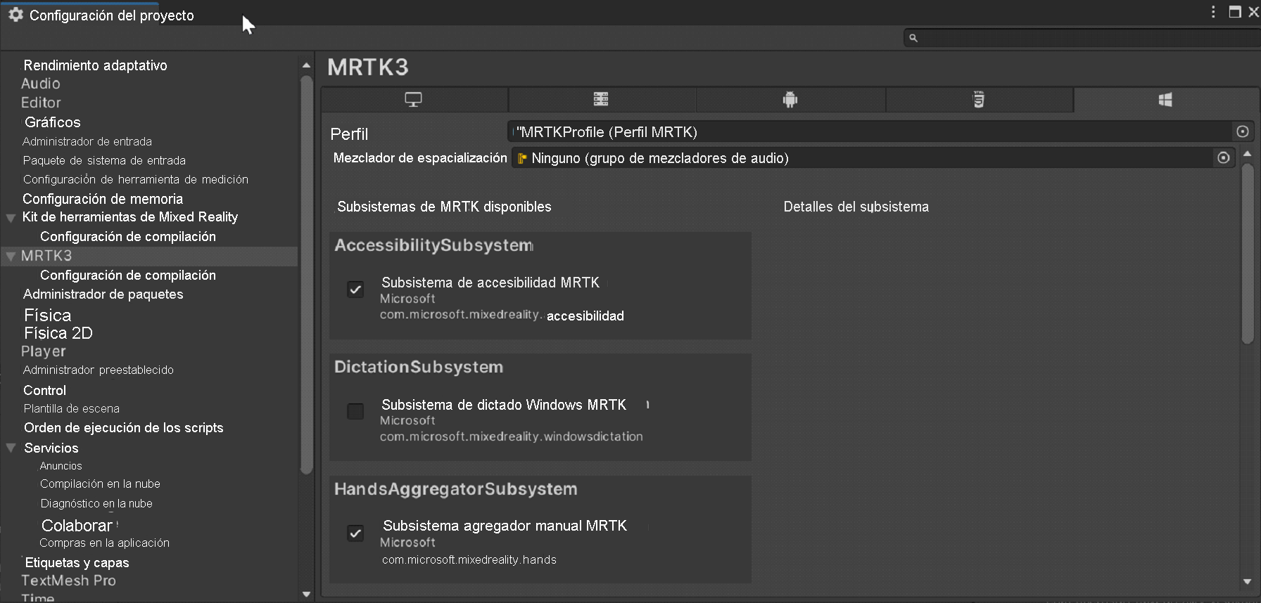 Screenshot of MRTK profile.