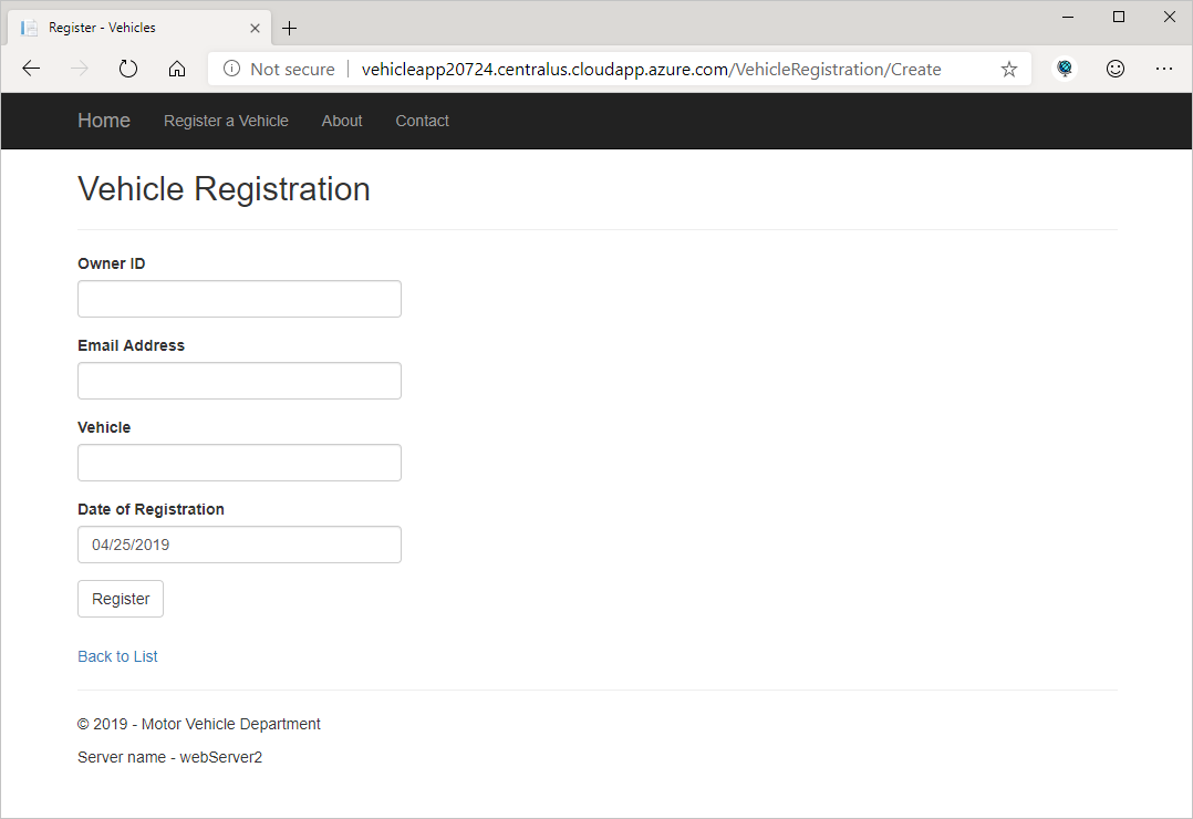 Screenshot showing a vehicle-registration web app.