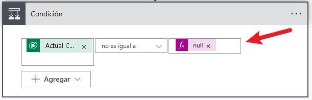 Captura de pantalla de la fecha de finalización real establecida en no es igual a nulo
