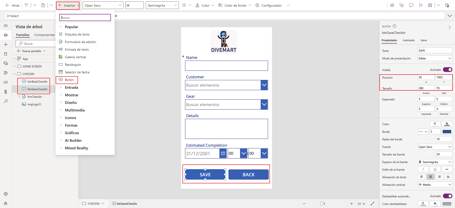 Captura de pantalla del estudio de la aplicación de lienzo. El foco está en los controles Buttons y sus propiedades.