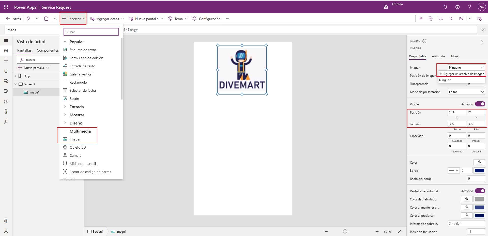 Captura de pantalla del estudio de la aplicación de lienzo. El foco está en el control Imagen y sus propiedades.