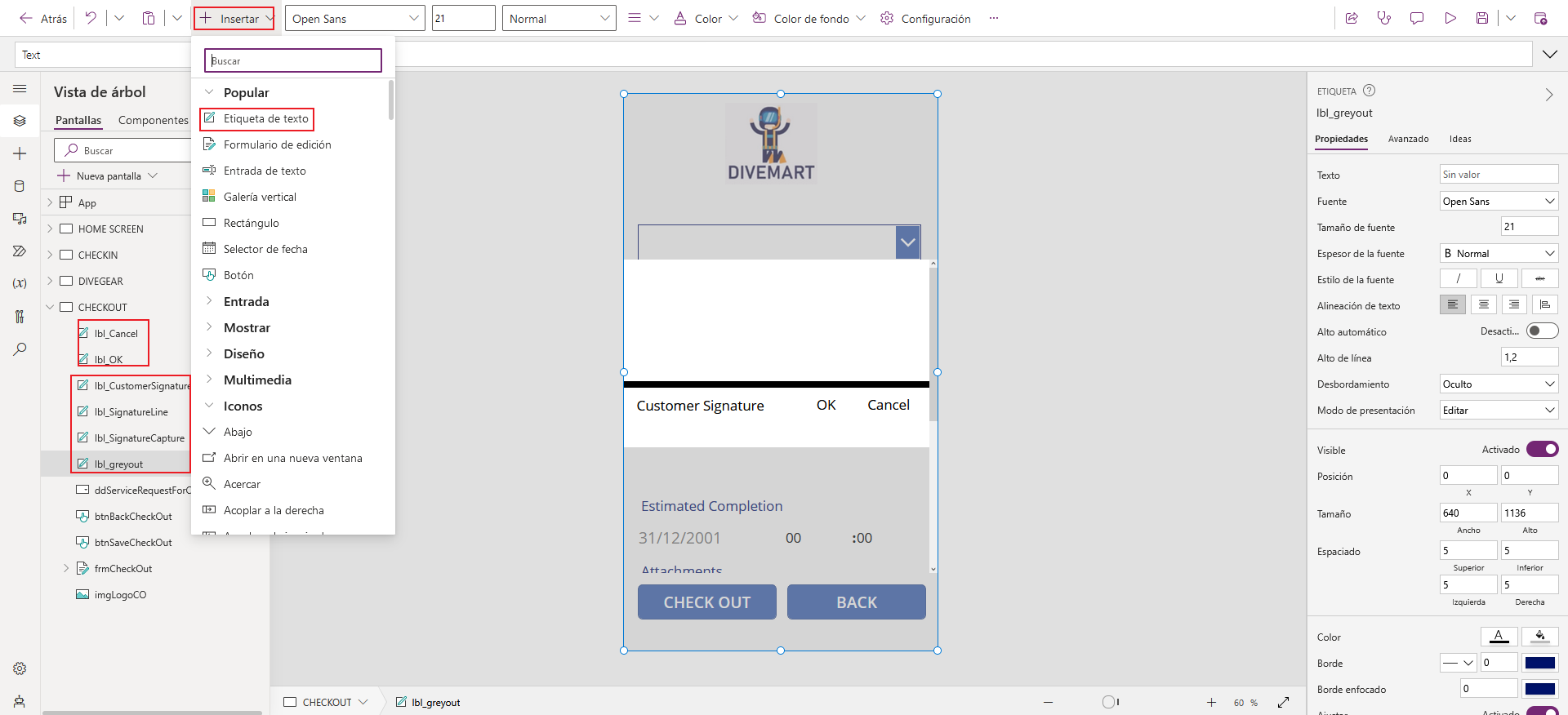Captura de pantalla del estudio de la aplicación de lienzo. El foco está en el control Text label y los múltiples controles de etiqueta de una pantalla.