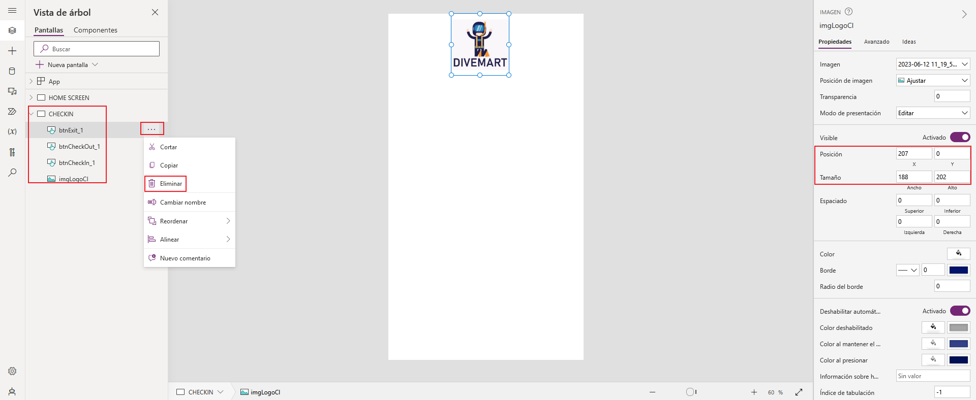 Captura de pantalla del estudio de la aplicación de lienzo. El foco está en la opción Eliminar de los controles y en las propiedades de la imagen.