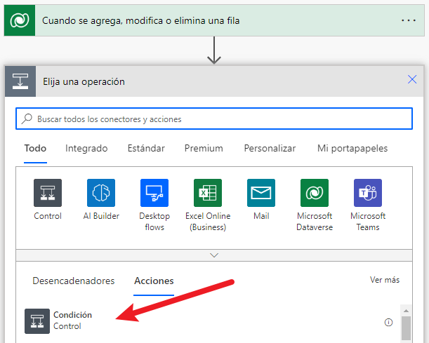 Captura de pantalla de la acción Control de condición