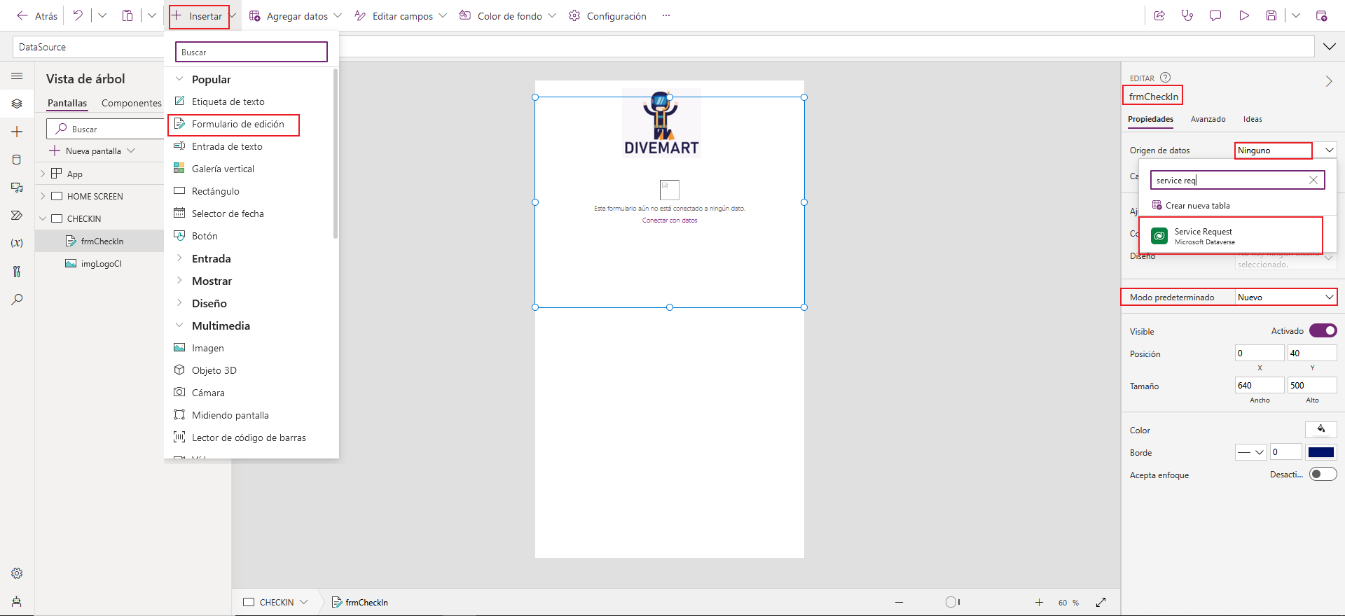Captura de pantalla del estudio de la aplicación de lienzo. El foco está en la opción Editar formulario y la propiedad Data Source del control.