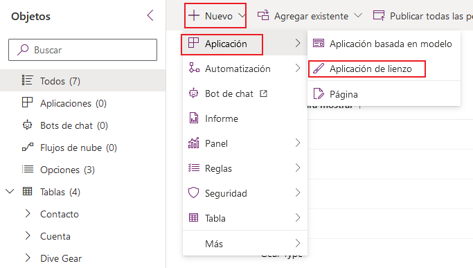 Captura de pantalla de una solución de Dataverse. El foco está en la opción de menú Nueva aplicación de lienzo.