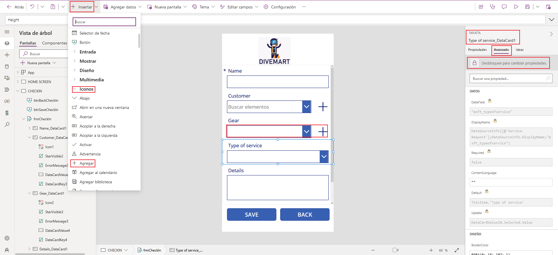 Captura de pantalla del estudio de la aplicación de lienzo. El foco está en el control Icons y sus propiedades.