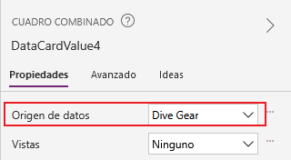 Captura de pantalla del estudio de la aplicación de lienzo. El foco está en la propiedad Data Source de un cuadro combinado.