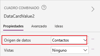 Captura de pantalla del estudio de la aplicación de lienzo. El foco está en la propiedad Data Source de un cuadro combinado.