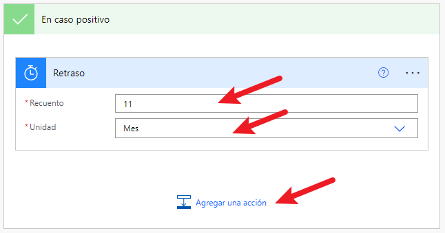 Captura de pantalla del menú Retraso, con la opción Agregar una acción