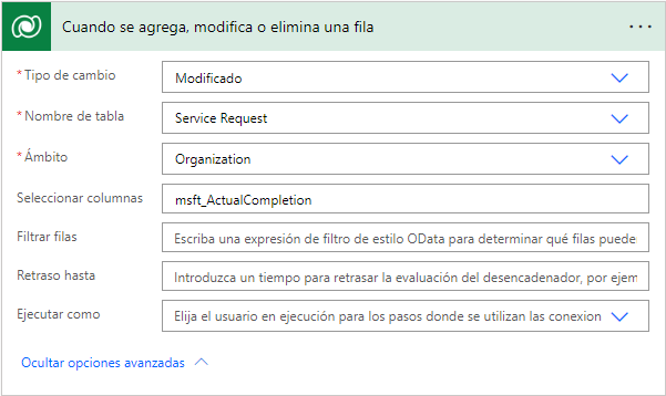 Captura de pantalla de los detalles de cuando se agrega, modifica o elimina una fila