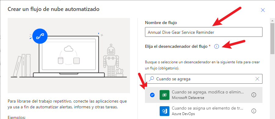 Captura de pantalla de los detalles de crear un flujo de nube