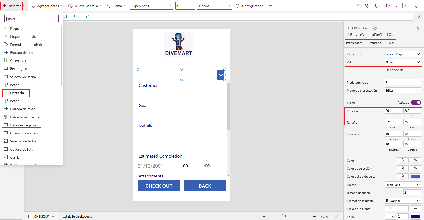 Captura de pantalla del estudio de la aplicación de lienzo. El foco está en el control Desplegable y sus propiedades.