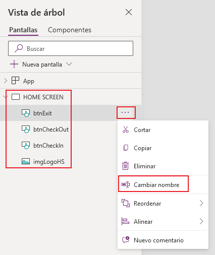 Captura de pantalla del estudio de la aplicación de lienzo. El foco está en la opción Cambiar nombre para los componentes de la pantalla.