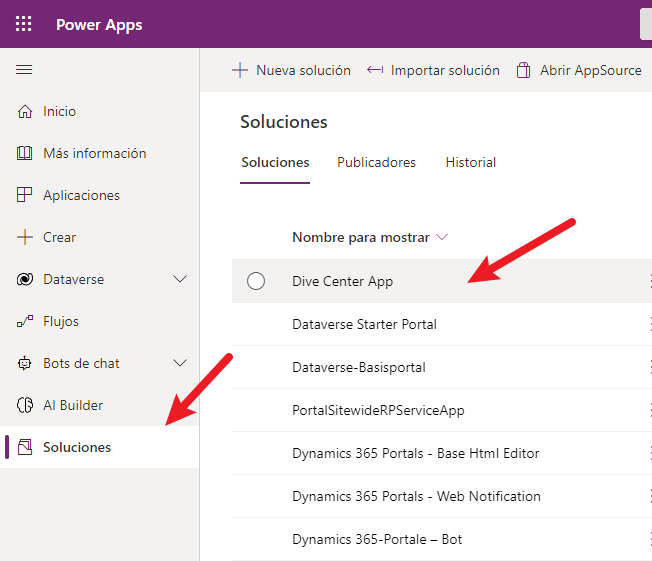 Captura de pantalla del área de Soluciones, con la aplicación Dive Center seleccionada