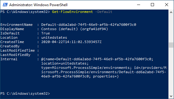 Captura de pantalla de Windows PowerShell que muestra el entorno predeterminado.