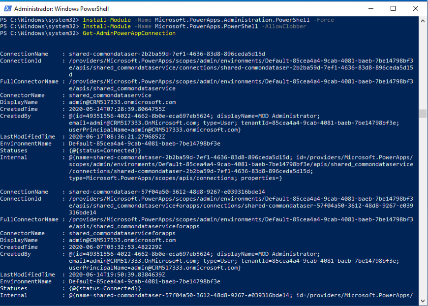 Captura de pantalla de Windows PowerShell que muestra los datos devueltos