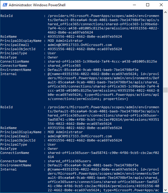 Captura de pantalla de Windows PowerShell que muestra a los propietarios de la asignación de roles.