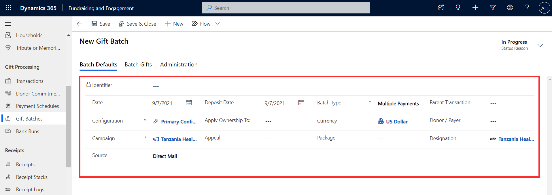 Screenshot of a new gift batch record in Fundraising and Engagement.