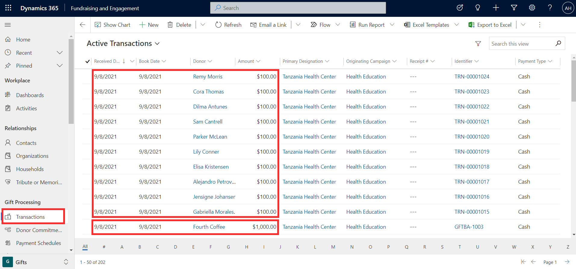 Screenshot of active transactions for each employee.