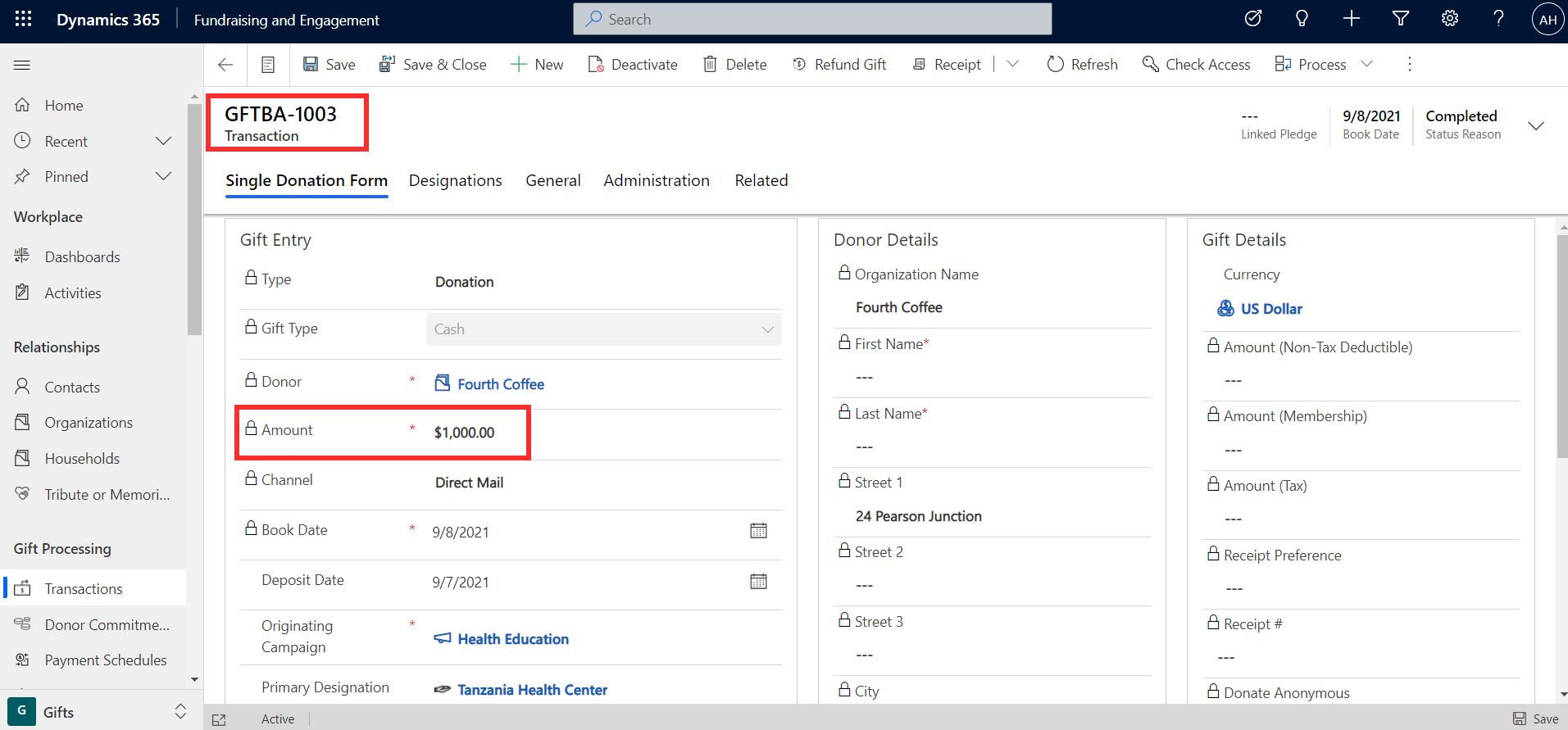 Screenshots showing the transaction for the organization Fourth Coffee.