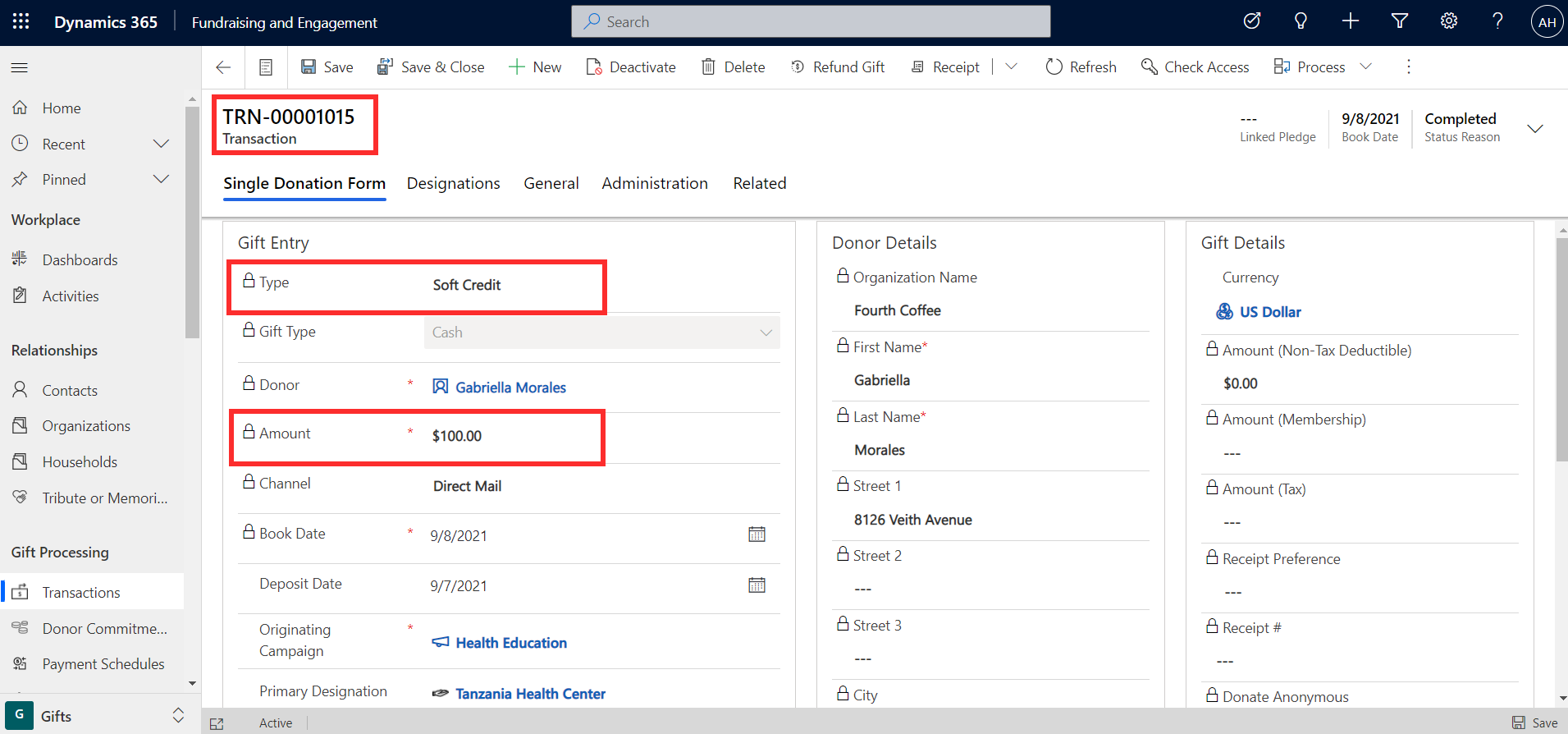 Screenshot of the soft credit transaction processed for employee Gabriella Morales.