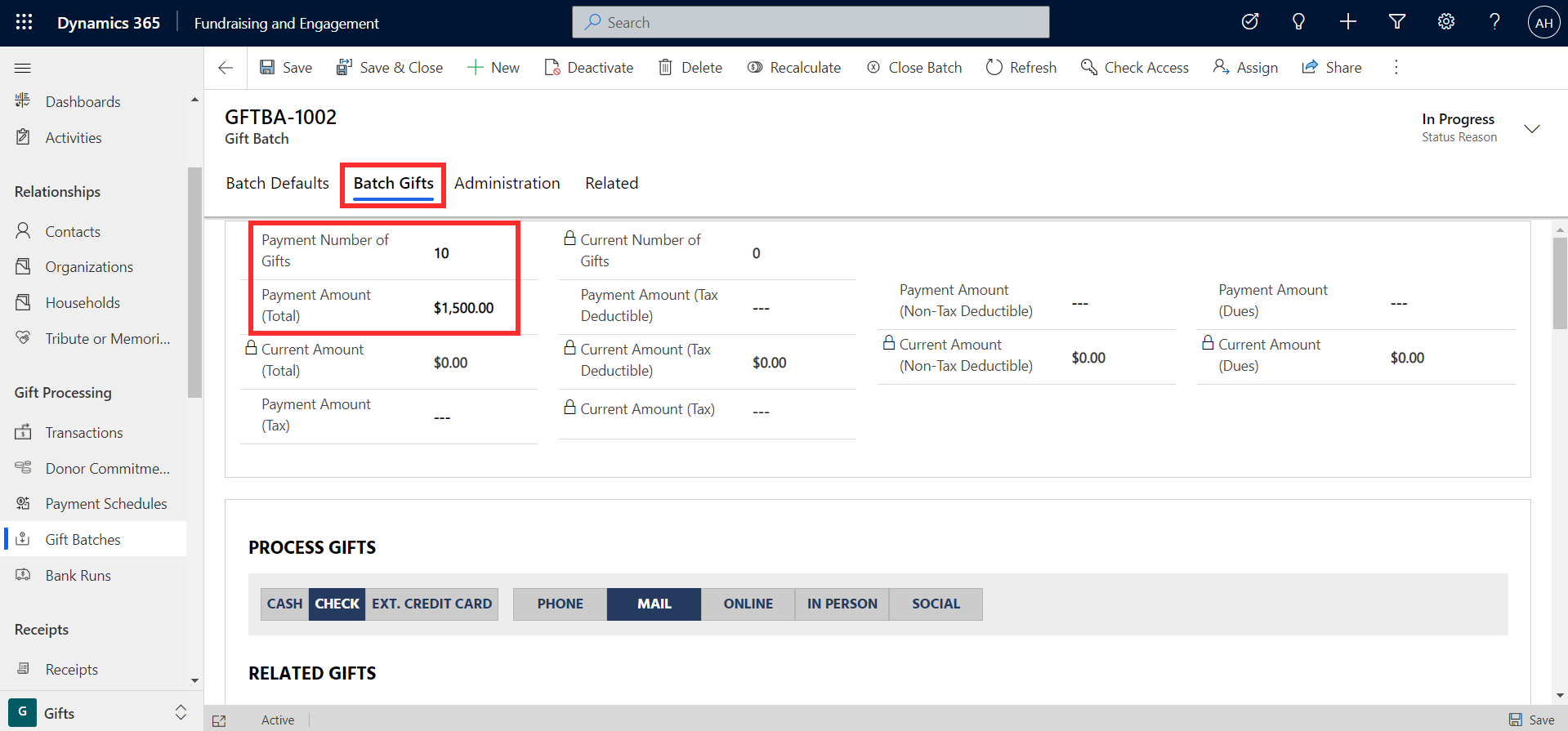 Screenshot showing individual donations on the Batch Gifts tab.