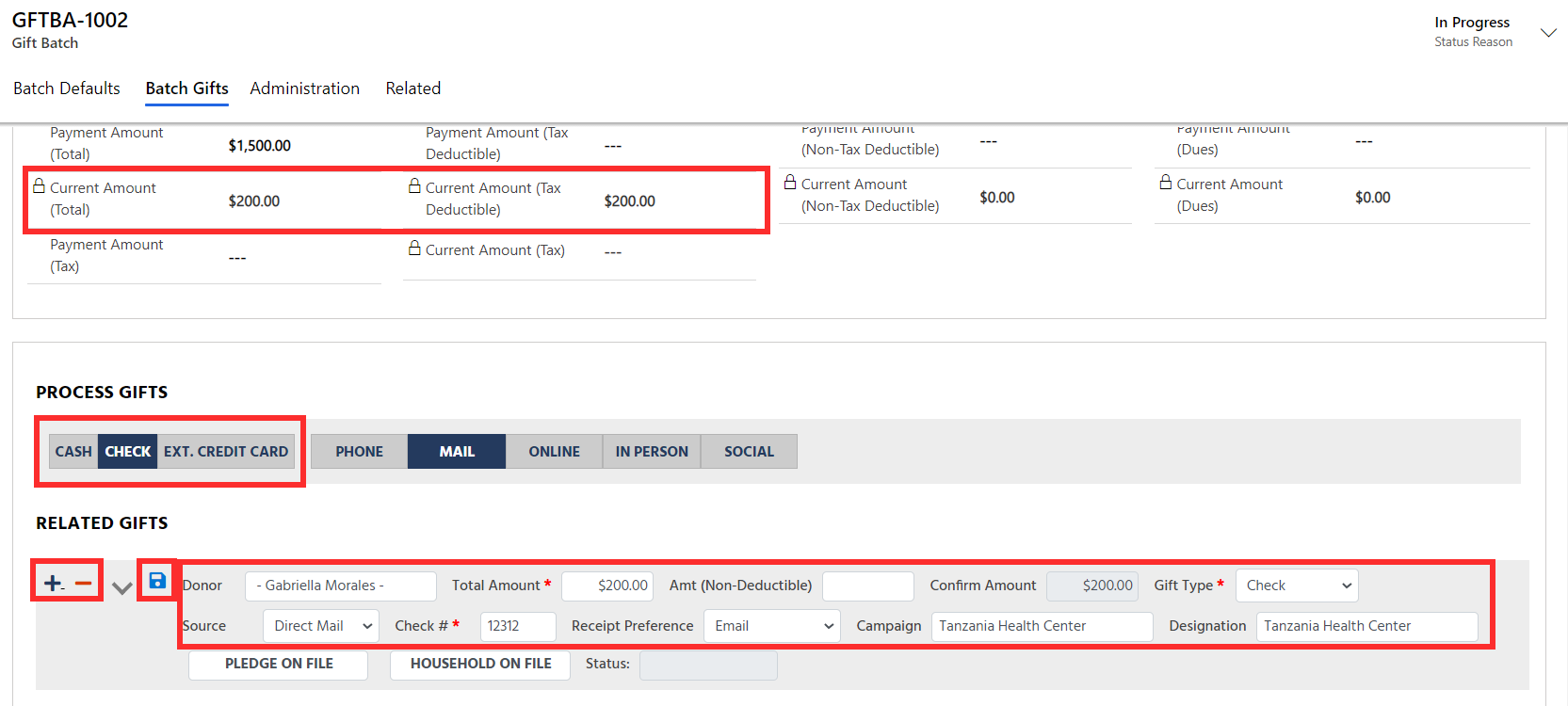 Screenshot showing the plus and minus buttons used to add or remove a gift entry.