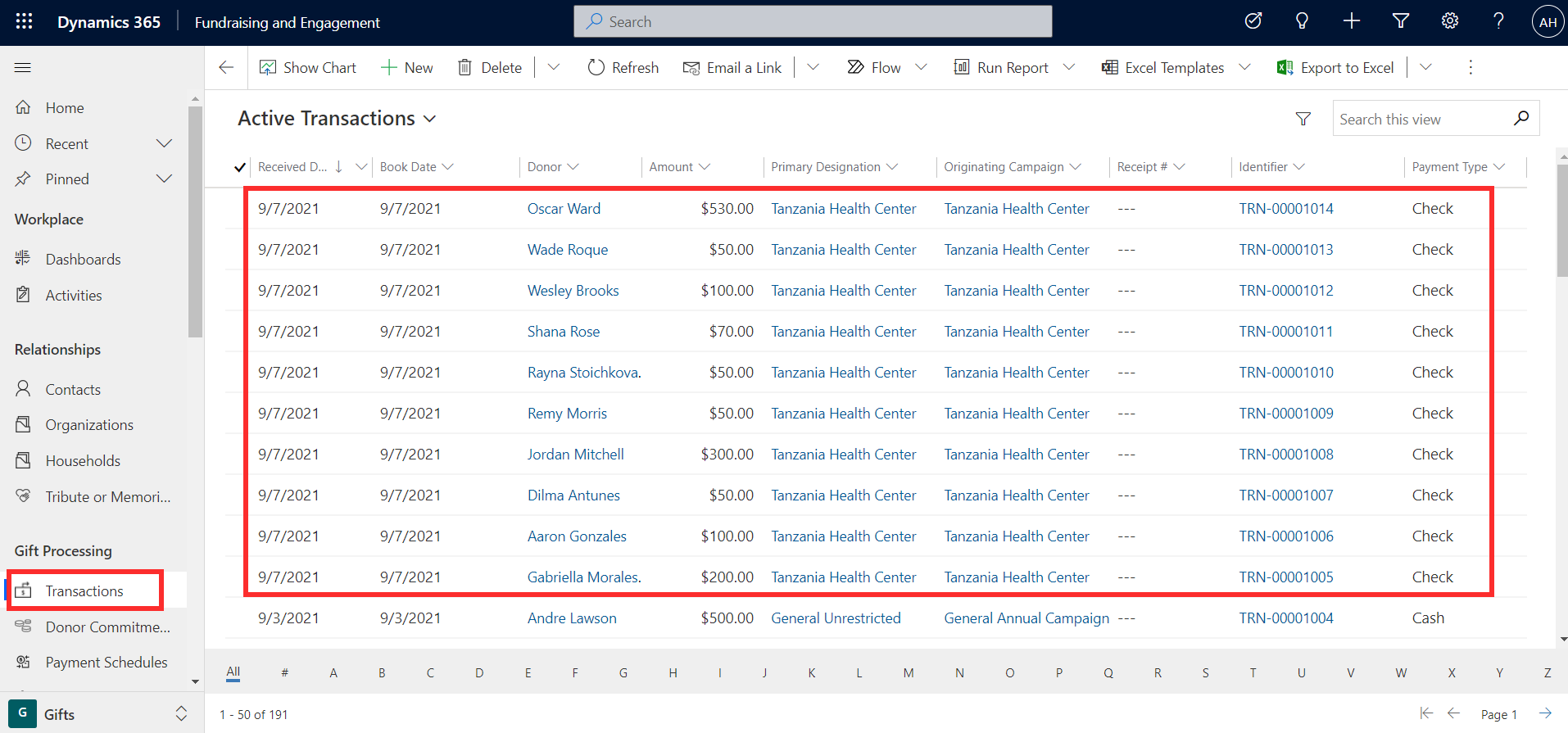 Screenshot of a list of related gift records in the Transactions area of Fundraising and Engagement.