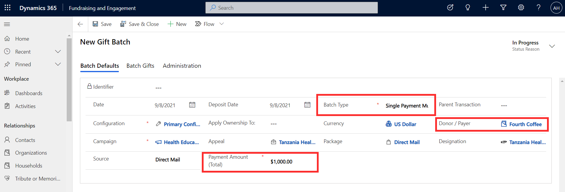 Screenshot of batch defaults with the donor payer column highlighted.