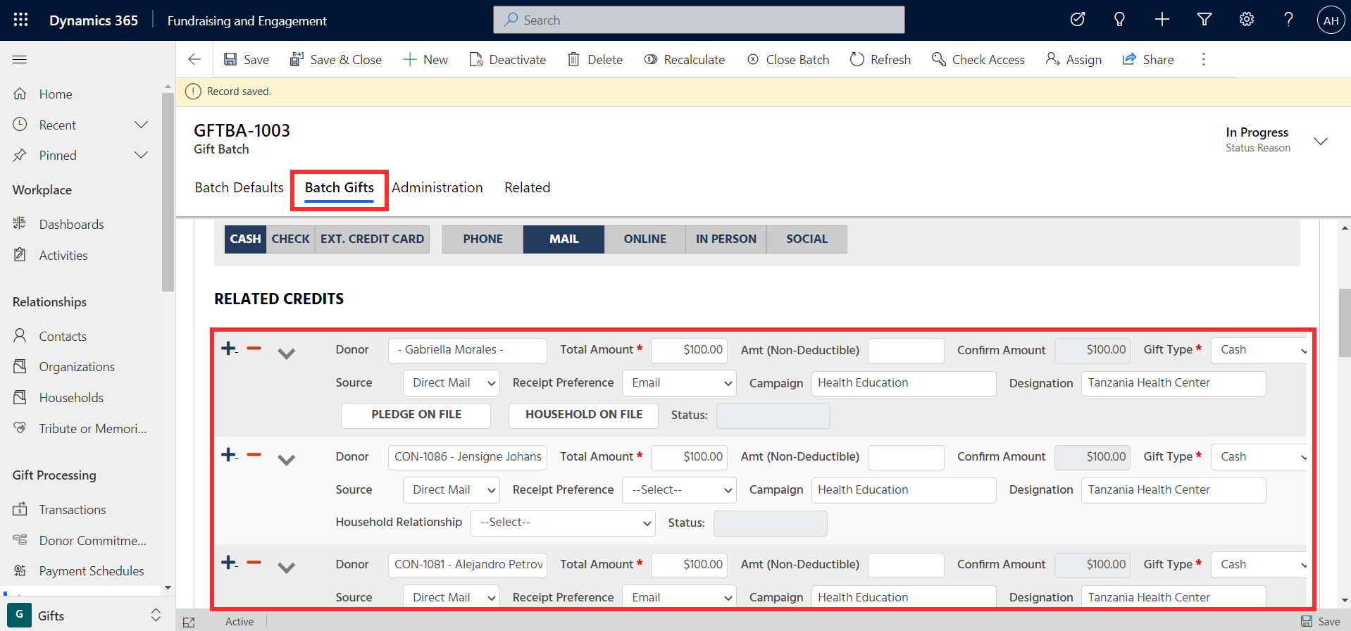 Screenshot of the Batch Gifts tab with related credit line items highlighted.