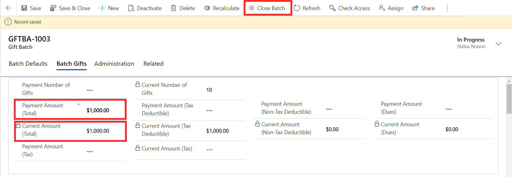 Screenshot of the Close Batch screen with payment and current amounts highlighted.