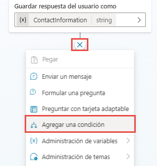 Captura de pantalla de la opción Agregar una condición expandida para mostrar Rama basada en una condición y Rama para todas las demás opciones de condiciones