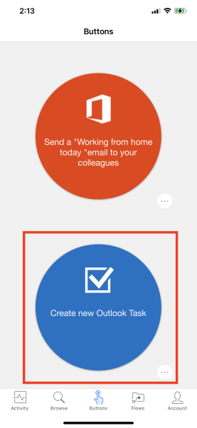 Captura de pantalla de la pestaña Botones con el botón Crear tarea de Outlook resaltado