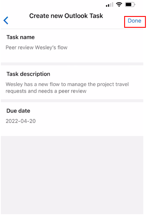 Captura de pantalla de Crear tarea de Outlook con la fecha de vencimiento establecida y el botón Listo resaltado