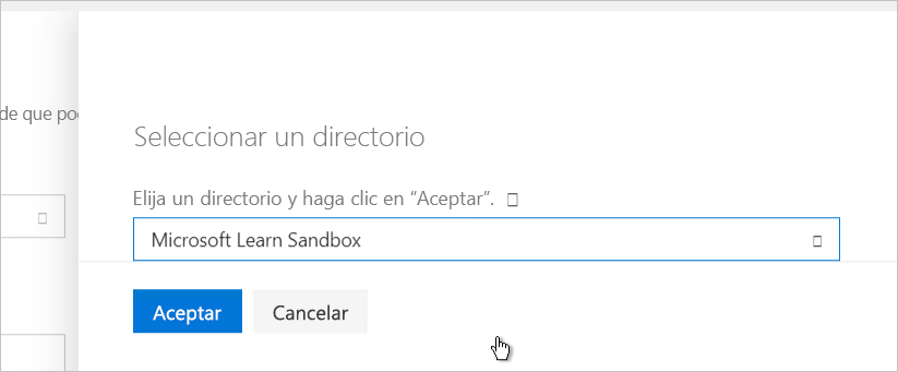 Captura de la pantalla en la que se selecciona un directorio con Espacio aislado de Microsoft Learn seleccionado.