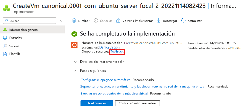 Captura de pantalla de Azure Portal que muestra la implementación. El nombre del grupo de recursos está resaltado.