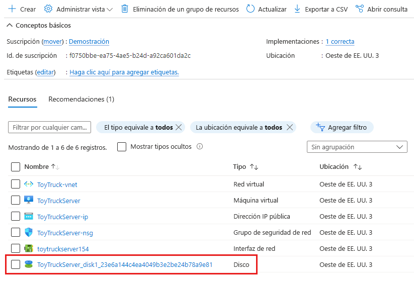 Captura de pantalla de Azure Portal en la que se muestra el grupo de recursos, con el recurso de disco resaltado.