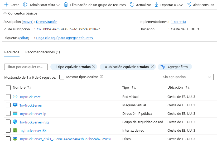 Captura de pantalla de Azure Portal en la que se muestra el grupo de recursos.