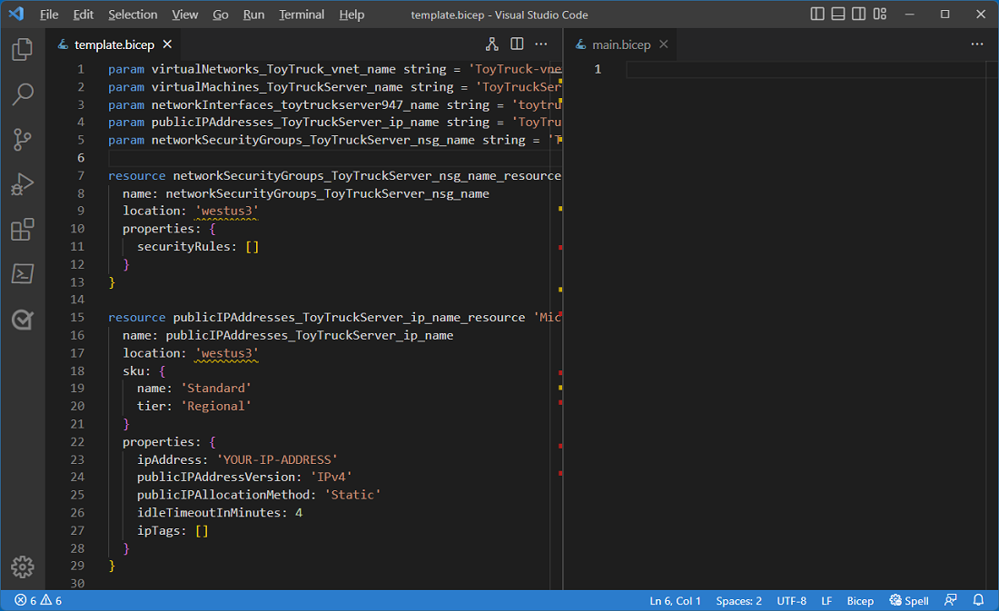 Captura de pantalla del editor de Visual Studio Code dividido, en la que se muestra el archivo template.bicep en el panel izquierdo y el archivo main.bicep en el panel derecho.