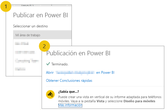 La captura de pantalla muestra el cuadro de diálogo Publicar en Power BI donde puede seleccionar un espacio de trabajo.