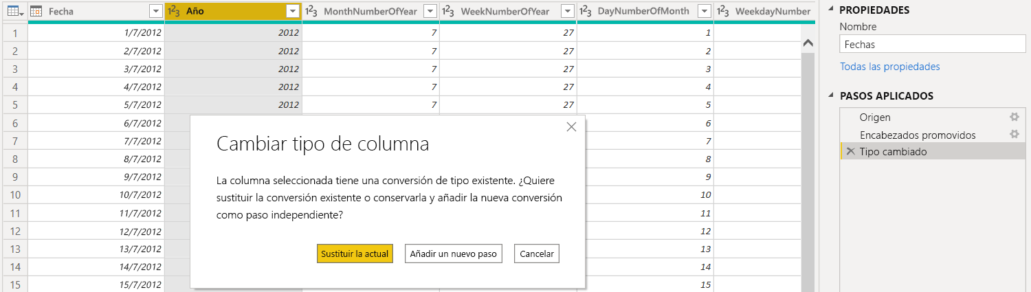 Captura de pantalla del Editor de Power Query con el mensaje Cambiar tipo de columna mostrado.