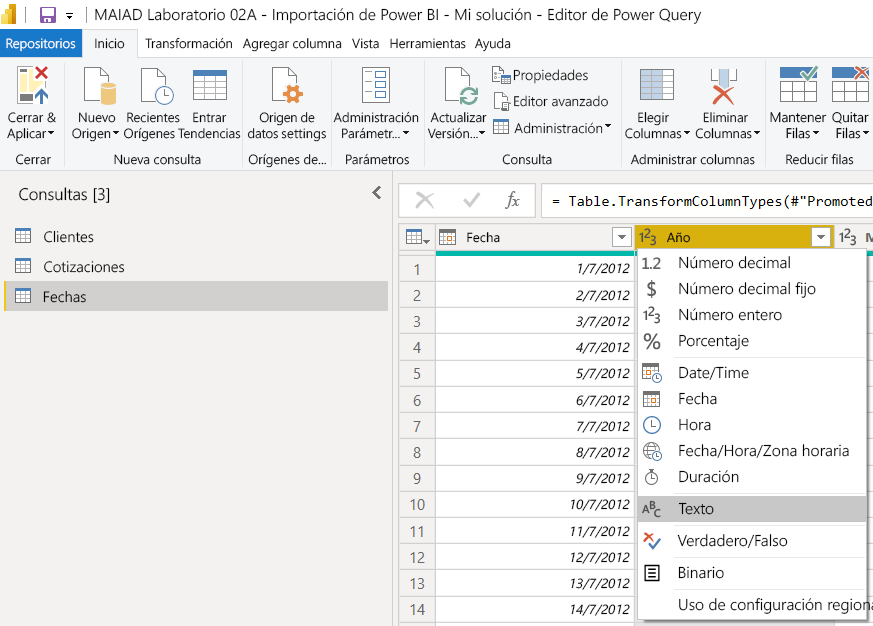 Captura de pantalla del Editor de Power Query con la tabla Dates y los tipos de datos de la columna Year mostrados.