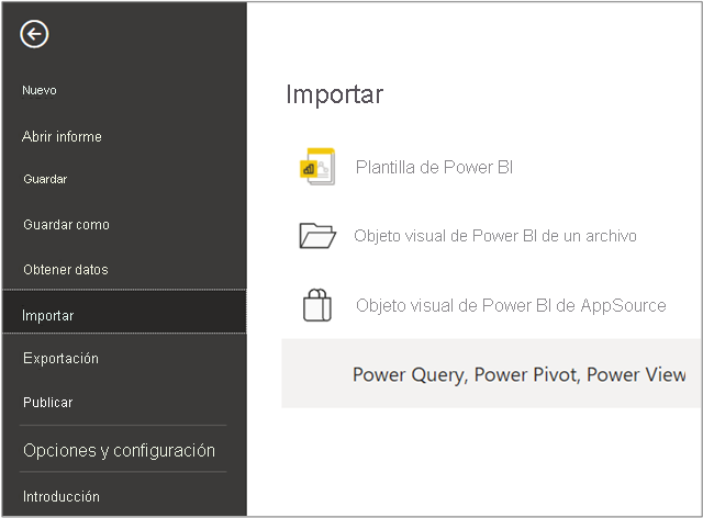 Captura de pantalla del menú Importar con la opción Power Query, Power Pivot, Power View seleccionada.
