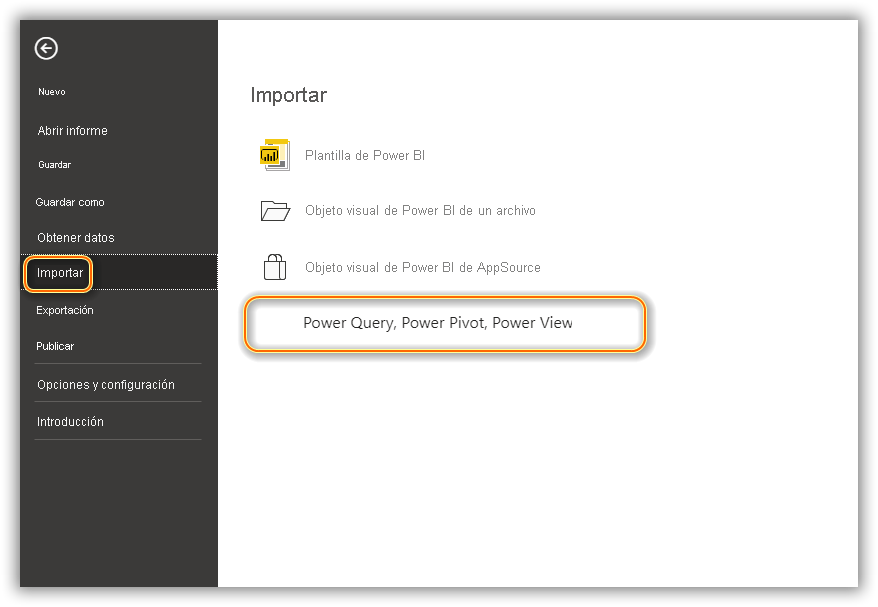 Captura de pantalla del menú Importar con la opción Power Query, Power Pivot, Power View seleccionada.