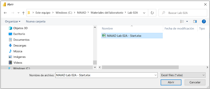 Captura de pantalla del archivo MAIAD Lab 02 - Start.xlsx en Explorador de archivos.