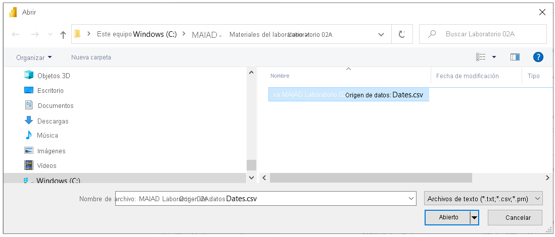 Captura de pantalla de la ventana Abrir con el archivo MAIAD Lab 02A - data Source - Dates.csv seleccionado.
