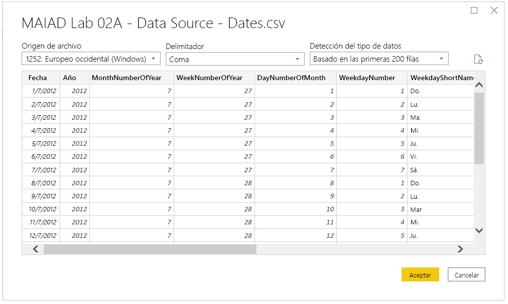 Captura de pantalla de la ventana del Editor de Power Query con el archivo CSV y Origen de archivo, Delimitador y Detección del tipos de datos mostrados.