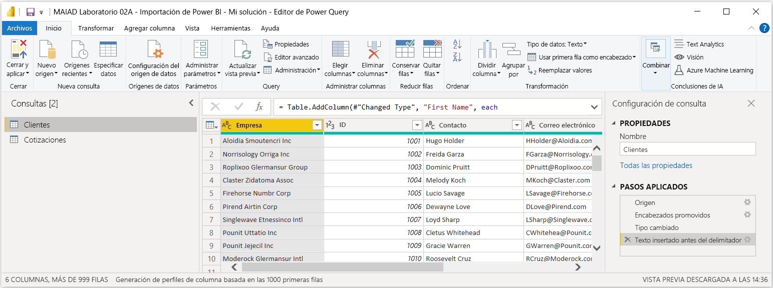Captura de pantalla del Editor de Power Query con las consultas Customers y Quotes después de la importación.